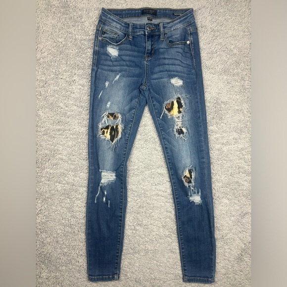 Judy Blue Jeans Womens 1 Skinny Light Wash Leopard Print Cut Outs Distressed - Picture 1 of 6